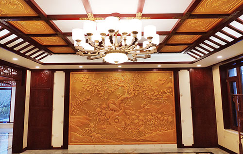 掇刀中式别墅客厅中式木作横梁吊顶装饰展示